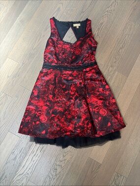 princess vera wang Red and Black Floral Fit-and-Flare Party Dress